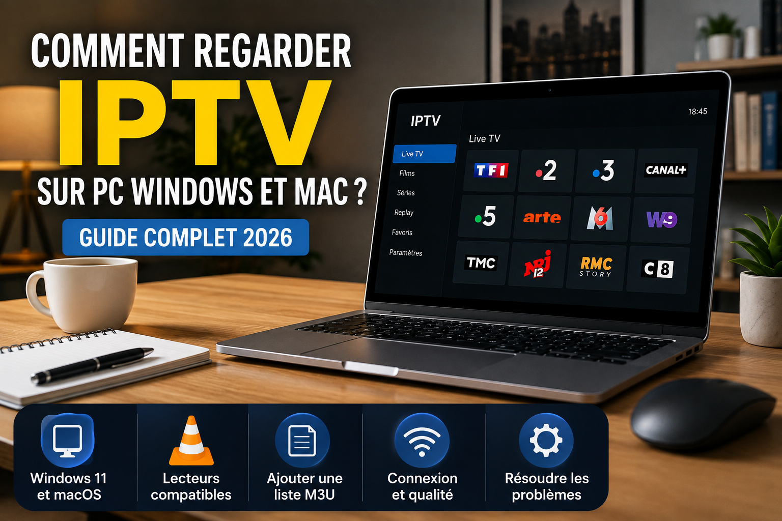Ordinateur Windows et Mac affichant une interface IPTV avec connexion Wi-Fi et Ethernet