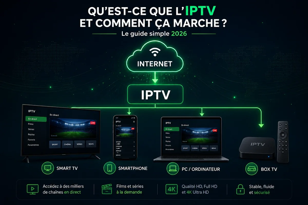 Illustration du fonctionnement de l’IPTV sur Smart TV, smartphone, ordinateur et box TV