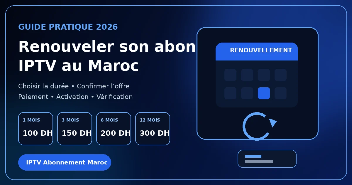Illustration d’un calendrier, d’une flèche de renouvellement et des durées d’abonnement IPTV au Maroc