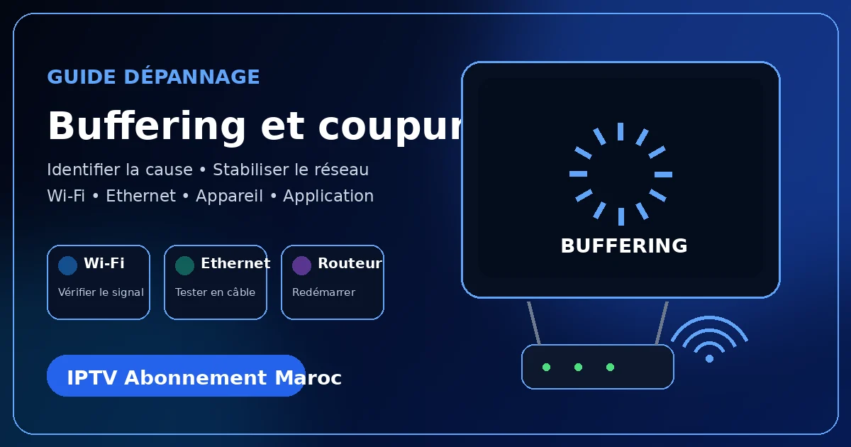 Illustration d’un téléviseur en buffering avec routeur Wi-Fi pour un guide de dépannage IPTV